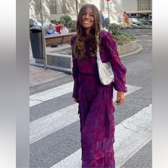 ZARA Wrinkled Jacquard Floral Midi Dress Dark Maroon Cut Out Sz M-L - Picture 1 of 13